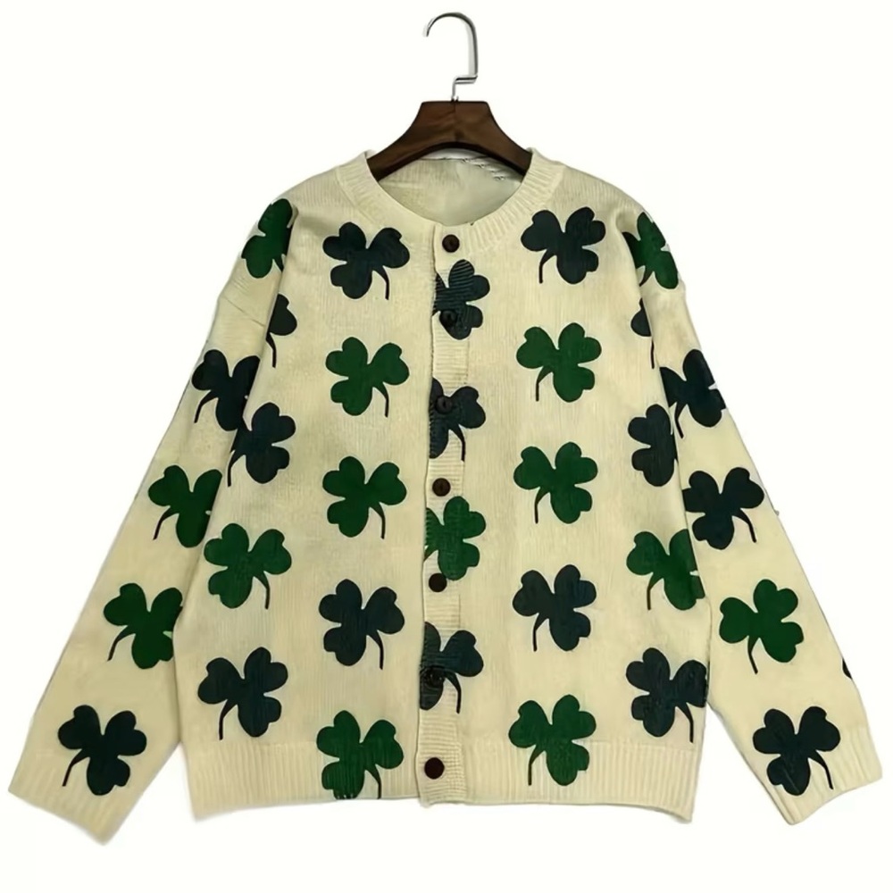 Plus Size Woman’s 3D Four-Leaf Clover Print Cardigan Size 3XL